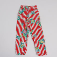 Load image into Gallery viewer, Vintage 1980s original Benetton red stripe floral print slim leg high waist crop trousers UK 6 US 2 XS
