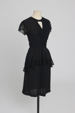 Load image into Gallery viewer, Vintage 1940s original black crepe and lace peplum dress UK 6 8 XS S
