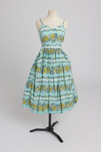 Vintage 1950s original floppy rayon floral print dress and bolero UK 6 8 XS