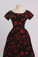 Load image into Gallery viewer, vintage 1950s 1960s original black velvet floral print hooped skirt Frank Usher cocktail dress UK 6 8 US 2 4 XS
