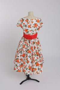 Vintage 1950s original orange floral print cotton dress  UK 8 S