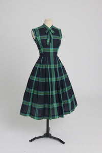Vintage 1950s original House of Nine green check dress with bow details UK 6 XS