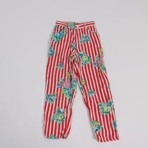 Vintage 1980s original Benetton red stripe floral print slim leg high waist crop trousers UK 6 US 2 XS