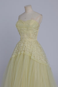 Vintage 1950s original lemon yellow lace and net cocktail dress UK 6 XS