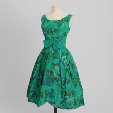 Load image into Gallery viewer, Vintage 1950s original blue green floral print taffeta dress with bow detail UK 6 US 2 XS
