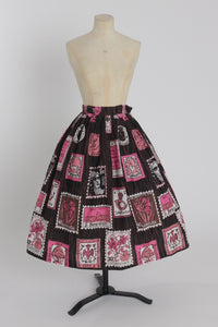 Vintage 1950s original novelty stamp print cotton skirt brown and pink UK 6 US 2 XS