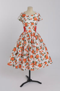 Vintage 1950s original orange floral print cotton dress  UK 8 S