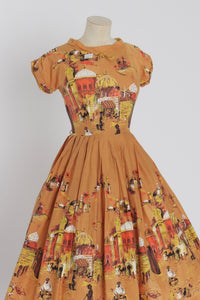 Vintage 1950s original novelty print cotton dress 'Casbah' border print UK 6 US 2 XS
