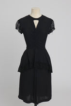 Load image into Gallery viewer, Vintage 1940s original black crepe and lace peplum dress UK 6 8 XS S
