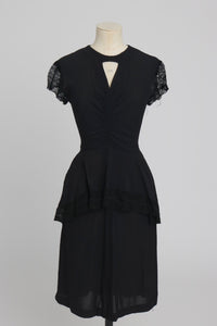 Vintage 1940s original black crepe and lace peplum dress UK 6 8 XS S