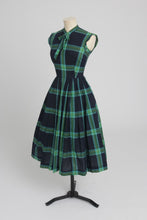 Load image into Gallery viewer, Vintage 1950s original House of Nine green check dress with bow details UK 6 XS
