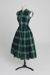 Vintage 1950s original House of Nine green check dress with bow details UK 6 XS