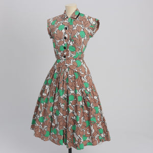 Vintage 1950s original green and brown fruit print cotton dress and matching bolero UK 6 8 US 2 4 XS S