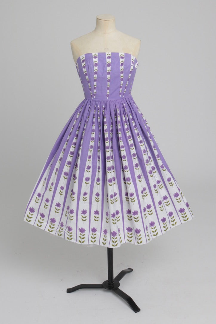 Vintage 1950s original Sambo fashions floral print purple cotton dress UK 6 8 XS S