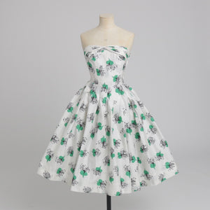 Vintage 1950s original white cotton dress with green detail by Atrima UK 6 8 XS S