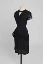 Load image into Gallery viewer, Vintage 1940s original black crepe and lace peplum dress UK 6 8 XS S
