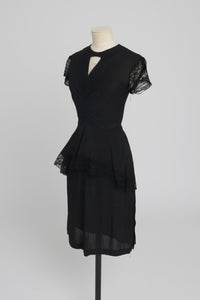 Vintage 1940s original black crepe and lace peplum dress UK 6 8 XS S