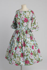 Vintage 1950s original Julian Frances pale blue cotton floral print dress with full skirt UK 8 US 4 XS S