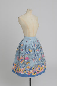 Vintage 1950s original novelty travel label print cotton skirt UK 8 S