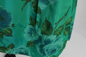 Vintage 1950s original blue green floral print taffeta dress with bow detail UK 6 US 2 XS