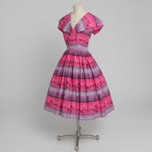 Load image into Gallery viewer, Vintage 1950s original novelty pink and purple stripe cotton dress UK 6 8 US 2 4 XS S
