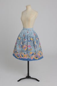 Vintage 1950s original novelty travel label print cotton skirt UK 8 S