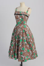 Load image into Gallery viewer, Vintage 1950s original green and brown fruit print cotton dress and matching bolero UK 6 8 US 2 4 XS S
