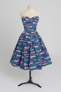 Vintage 1950s original Alice Edwards novelty print cotton strapless dress UK 6 XS