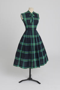 Vintage 1950s original House of Nine green check dress with bow details UK 6 XS