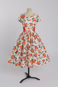 Vintage 1950s original orange floral print cotton dress  UK 8 S