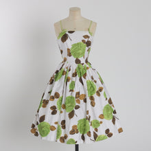 Load image into Gallery viewer, Vintage 1950s original bold green rose print cotton dress UK 8 10 US 4 6 S
