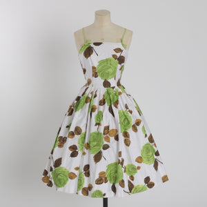 Vintage 1950s original bold green rose print cotton dress UK 8 10 US 4 6 S