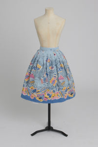 Vintage 1950s original novelty travel label print cotton skirt UK 8 S