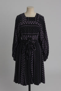 Vintage 1970s original Jeff Banks black and purple chequered dress with balloon sleeve UK 6 8 XS