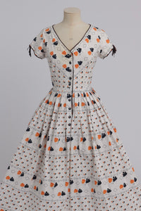 Vintage 1950s original novelty orange rose print cotton dress by Blanes UK 8 10 US 4 6 S