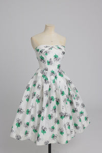 Vintage 1950s original white cotton dress with green detail by Atrima UK 6 8 XS S