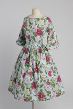 Load image into Gallery viewer, Vintage 1950s original Julian Frances pale blue cotton floral print dress with full skirt UK 8 US 4 XS S
