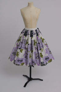 Vintage 1950s 1958 original Sportaville Wine labels grape novelty print cotton skirt UK 6 US 2 XS