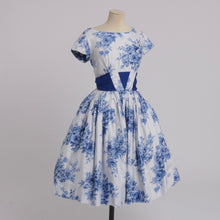 Load image into Gallery viewer, Vintage 1950s original blue and white floral print cotton dress by Remarque UK 8 US 4 S
