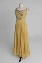 Load image into Gallery viewer, Vintage 1960s original buttercup yellow Malcolm Starr dress with beaded bodice UK 6 8 XS
