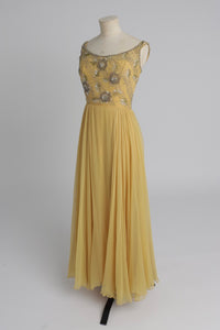 Vintage 1960s original buttercup yellow Malcolm Starr dress with beaded bodice UK 6 8 XS