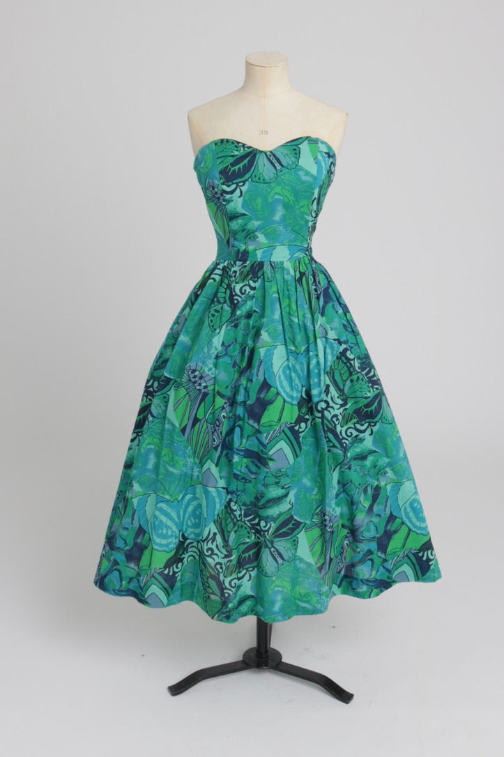 Vintage 1980s original Marion Donaldson novelty butterfly print cotton dress UK 8 S