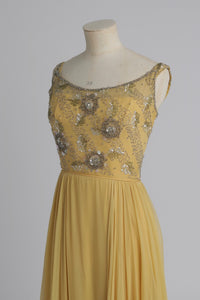 Vintage 1960s original buttercup yellow Malcolm Starr dress with beaded bodice UK 6 8 XS