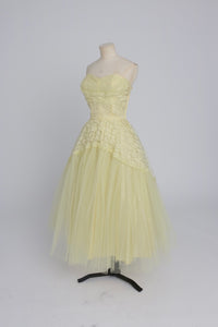 Vintage 1950s original lemon yellow lace and net cocktail dress UK 6 XS