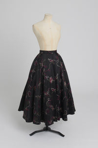 Vintage 1950s original black embroidered green pink and white tafeta skirt UK 8 10 S