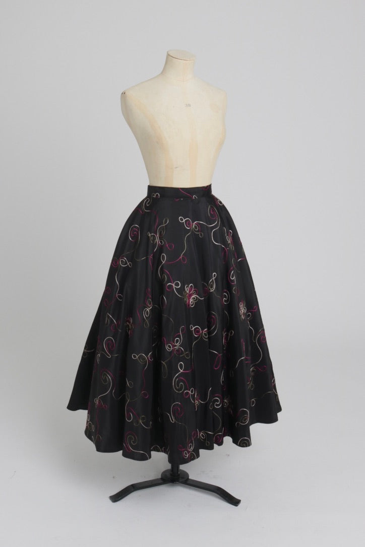 Vintage 1950s original black embroidered green pink and white tafeta skirt UK 8 10 S