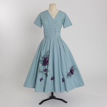 Load image into Gallery viewer, Vintage 1950s original blue floral print cotton dress with floral applique by Marjorie Montgomery UK 8 US 4 S
