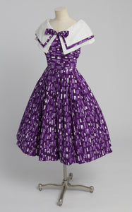 Vintage 1950s original novelty brushstroke print cotton dress with huge shawl collar UK 8 US 4 XS S