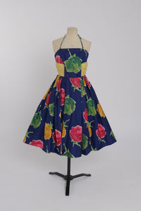 Vintage 1950s original blue cotton overblown floral print by Herald fashions UK 6 XS