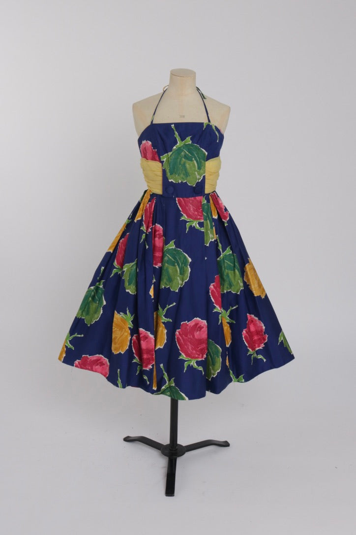 Vintage 1950s original blue cotton overblown floral print by Herald fashions UK 6 XS